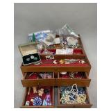 Wooden Jewelry Box and Assorted Costume Jewelry