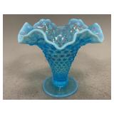 Fenton Blue Hobnail Vase with Opalescent Ruffle