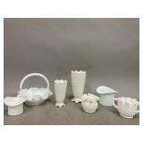 Hobnail Milk Glass Vases, Baskets, and More