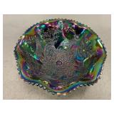 Stag and Holly Fenton Carnival Glass Footed Bowl