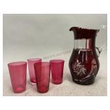 Ruby Cut to Clear Pitcher and Cranberry Tumblers