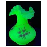 Fenton Hand Painted Uranium Custard Ruffled Vase