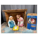 Blow Mold Nativity Scene with Wooden Stable
