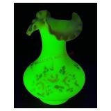 Hand Painted Fenton Frosted Vaseline Ruffled Vase