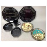 Assorted Black Dishes & Two Decorative Plates