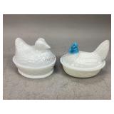 Two White Milk Glass Hen on Nest Dishes