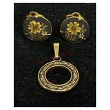 Etched Black on Gold Tone Earrings and Pendant