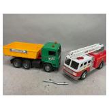 Plastic Tonka Fire Truck and Bruder Roll Off Truck