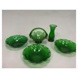 Green Glass Bowls, Basket and Vase