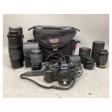 Konica 35mm Camera, Bag & Assorted Lenses