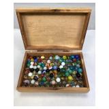Wooden Box of Assorted Vintage Marbles