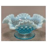 Fenton Blue Opalescent Ruffled Hobnail Bowl