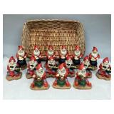 Assorted Hand-Painted Santa Figurines & Basket