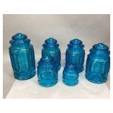 'Moon and Stars' Pattern Blue Glass Canisters