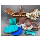 Vintage Picnic Basket & Several Sets of Dishes
