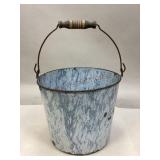 Vintage Wooden Handled Enamel Bucket