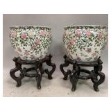 Chinese Jardiniere Planters on Wooden Stands