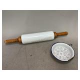 Vintage Rolling Pin and Enamel Strainer