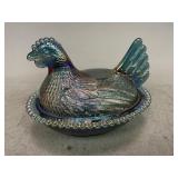 Blue Carnival Glass Nesting Hen