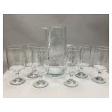 Vintage Etched Clear Glass Pitcher & Glasses
