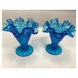 Two Fenton Blue Ruffled Edge Hobnail Vases