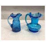 Vintage Blue Crackle Glass Mini Pitchers