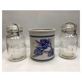 Decorative Modern Crock & 2 Atlas Canning Jars