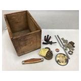 Vintage Wooden Box with Assorted Collectibles