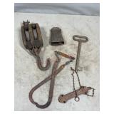 Antique Barn Pulley, Cow Bell, Key and More