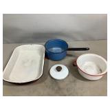 Enamel Bowl, Pot, Lid and Tray