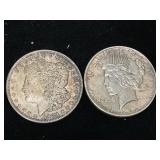 1922 Peace and 1921 Morgan Dollar Coins