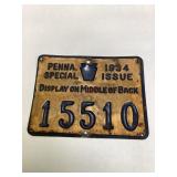 1934 Pa Special Issue Hunting License