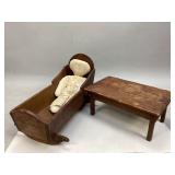 Handmade Vintage Baby Doll, Cradle & Table