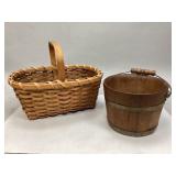 Vintage Wicker Basket & Staved Wooden Bucket
