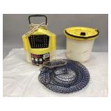 Two Plastic Minnow Buckets & Wire Fishing Basket