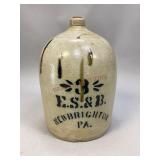 3-Gallon E.S. & B Salt-Glazed Stoneware Jug