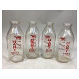 Four Vintage Hart Dairy Glass Milk Bottles