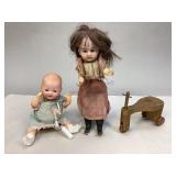 Vintage Bisque Head Dolls & Wooden Toy