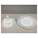 Milk Glass Fish Dome Lid & "H-Border" Plate