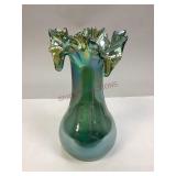 Vintage Iridescent Green Carnival Art Glass Vase