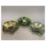 Green Carnival Glass Ruffled Bowls