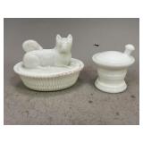 Milk Glass Dog on Nest and Covered Apothecary Dish