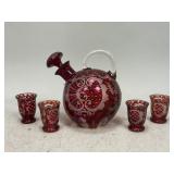 Bohemian Ruby Cut to Clear Decanter and Glasses