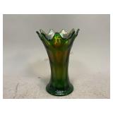 Green Carnival Glass Swung Vase
