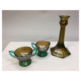 Carnival Glass Creamer & Sugar Set & Candlestick
