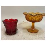 Ruby Red Coin Glass and Amber Glass Compote