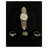 Sterling Silver Watch and Rings with Gemstones