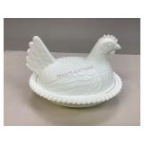 Vintage Milk Glass Hen on a Nest Covered Dish