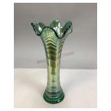 Green Iridescent Carnival Glass Swung Vase
