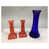Glass Candlestick Holders & Blue Cobalt Vase